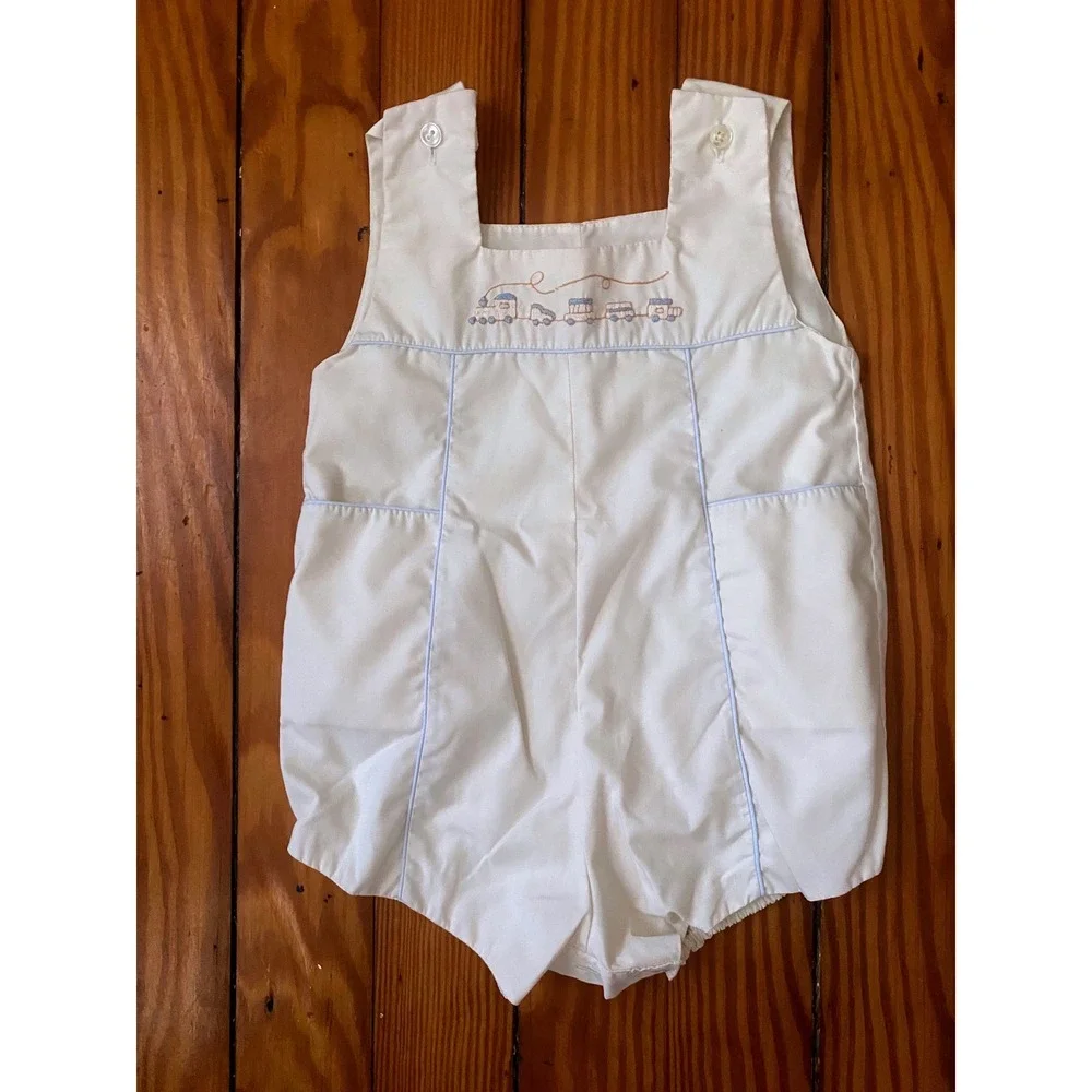 Vintage  White‎ Bubble Romper with Embroidered Train Smocking 18 Months